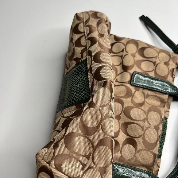 Coach F22706 Signature Stripe Patent Leather Tote Khaki Green Python Trim Handba - Picture 5 of 10